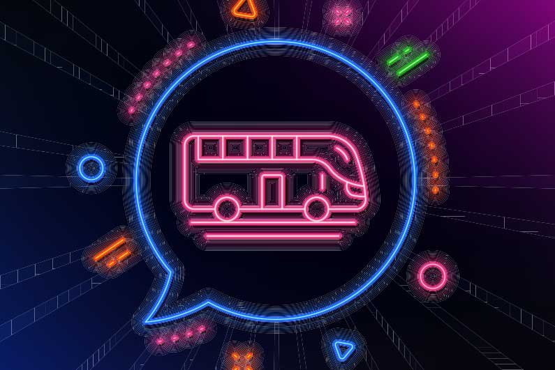 Bus tour transport line icon. Neon laser lights.