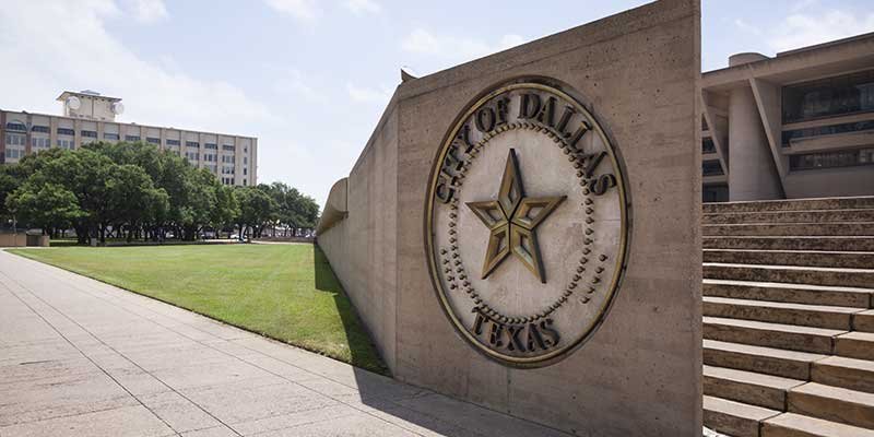 dallas city hall plaza entrance and logo<br />
